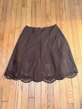 Talbots linen blend Brown Scalloped A-Line embroidered Midi Skirt
